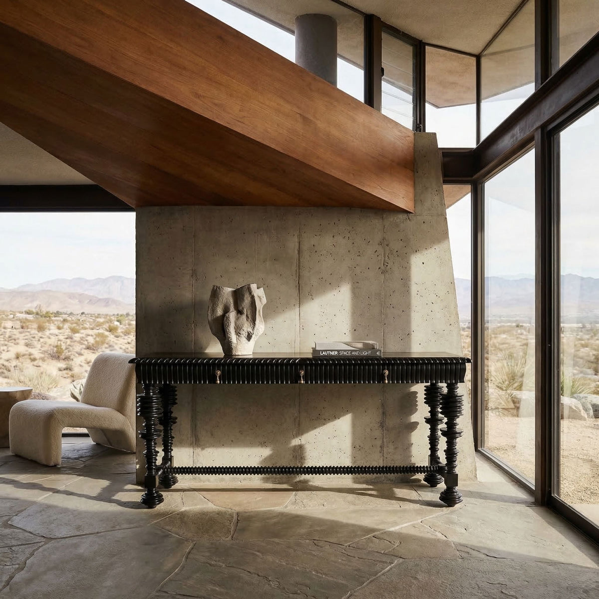 Noir Portuguese Console Hand Rubbed Black shown in a styled room setting