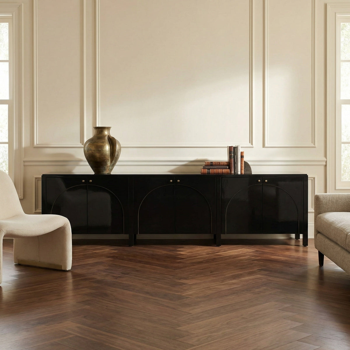 Noir Weston Sideboard XL Hand Rubbed Black with Light Brown Trim styled in an interior setting