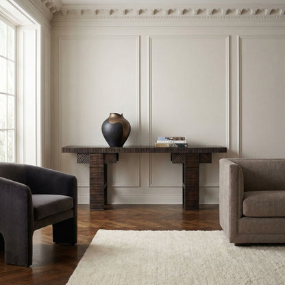 Noir Nabu Console Hand Rubbed Black with Light Brown Trim styled in an interior setting