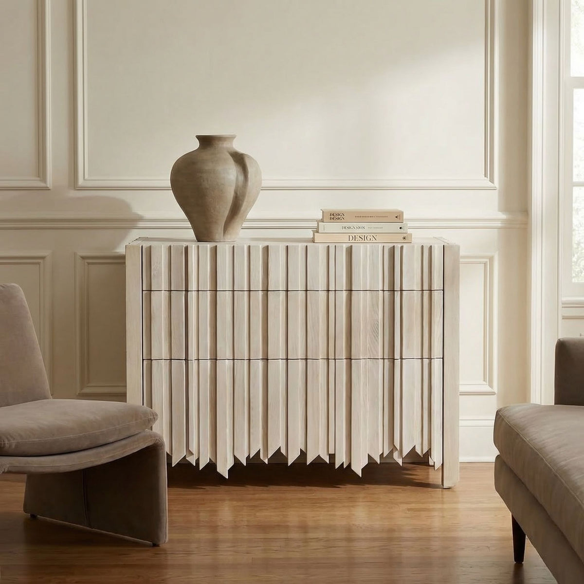 Noir Desdemona 3 Drawer Chest Bleached Elm styled in an interior setting