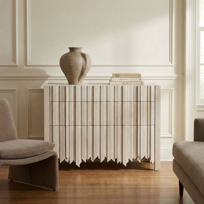 Noir Desdemona 3 Drawer Chest Bleached Elm styled in an interior setting