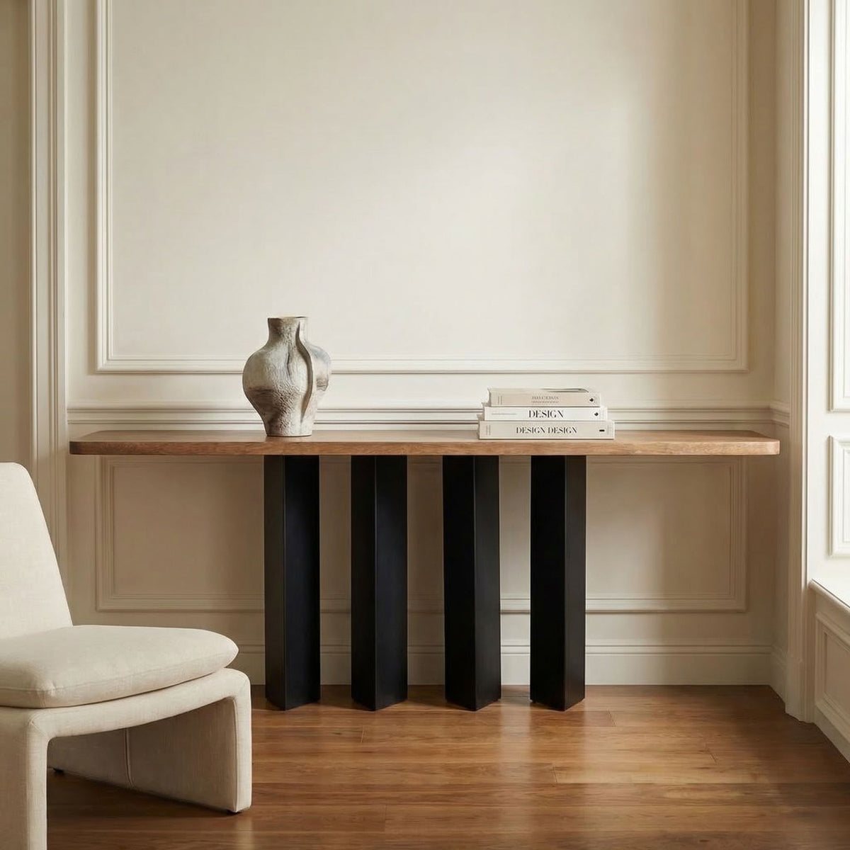 Noir Delta Console With Metal Base Dark Walnut styled in an interior setting