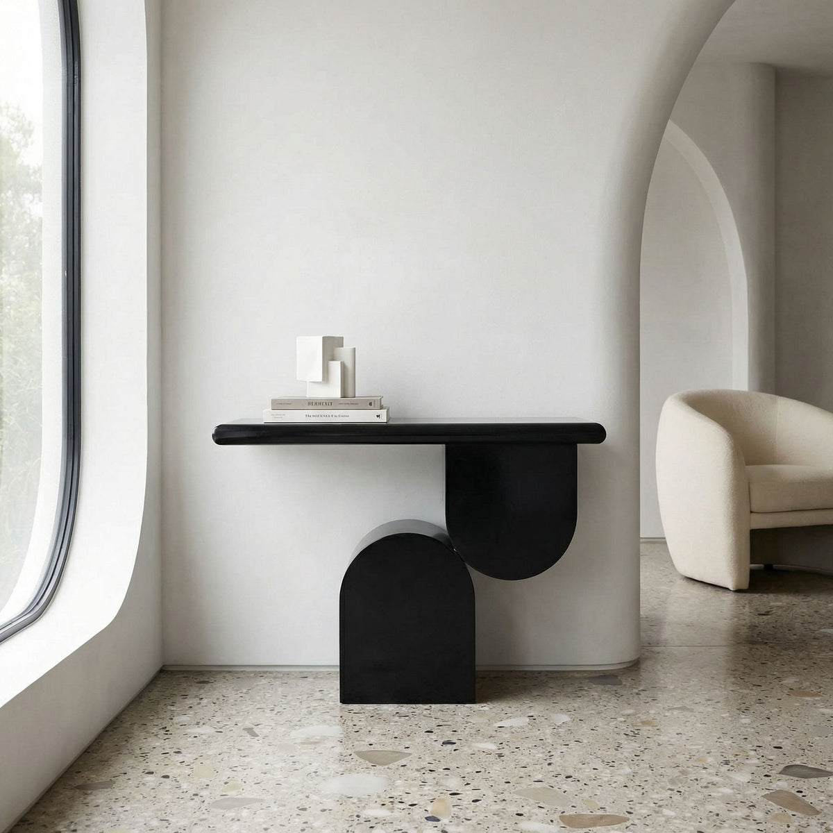 Noir Fraser Console Matte Black styled in an interior setting