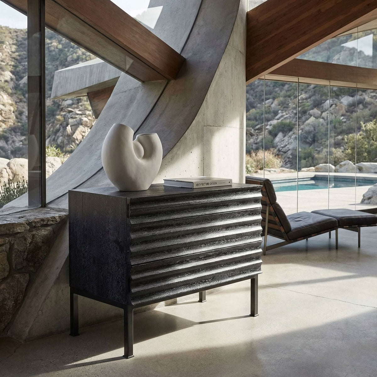 Noir Arturo Console Black Walnut styled in an interior setting