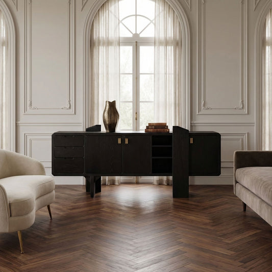 Noir Dallas Sideboard Hand Rubbed Black styled in an interior setting
