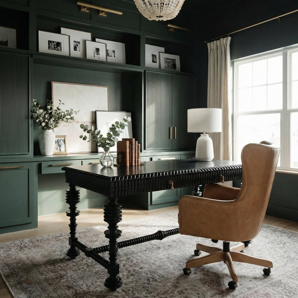 Noir Portuguese Desk Hand-Rubbed Black 60 inch shown in a styled room setting
