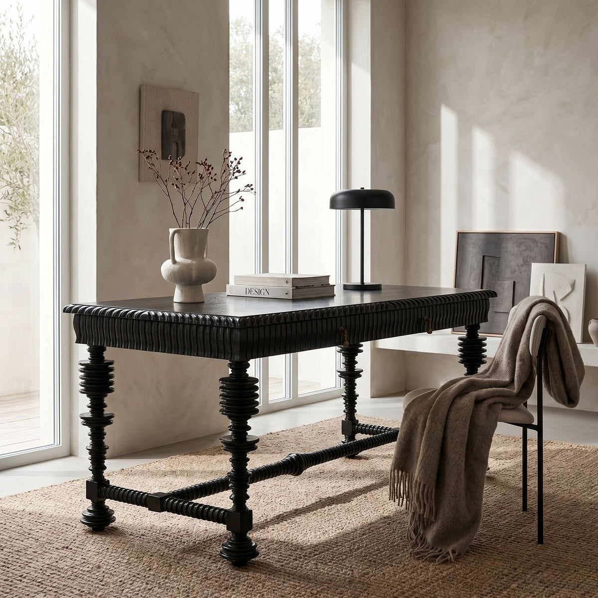 Noir Portuguese Desk Hand-Rubbed Black 60 inch styled in an interior setting