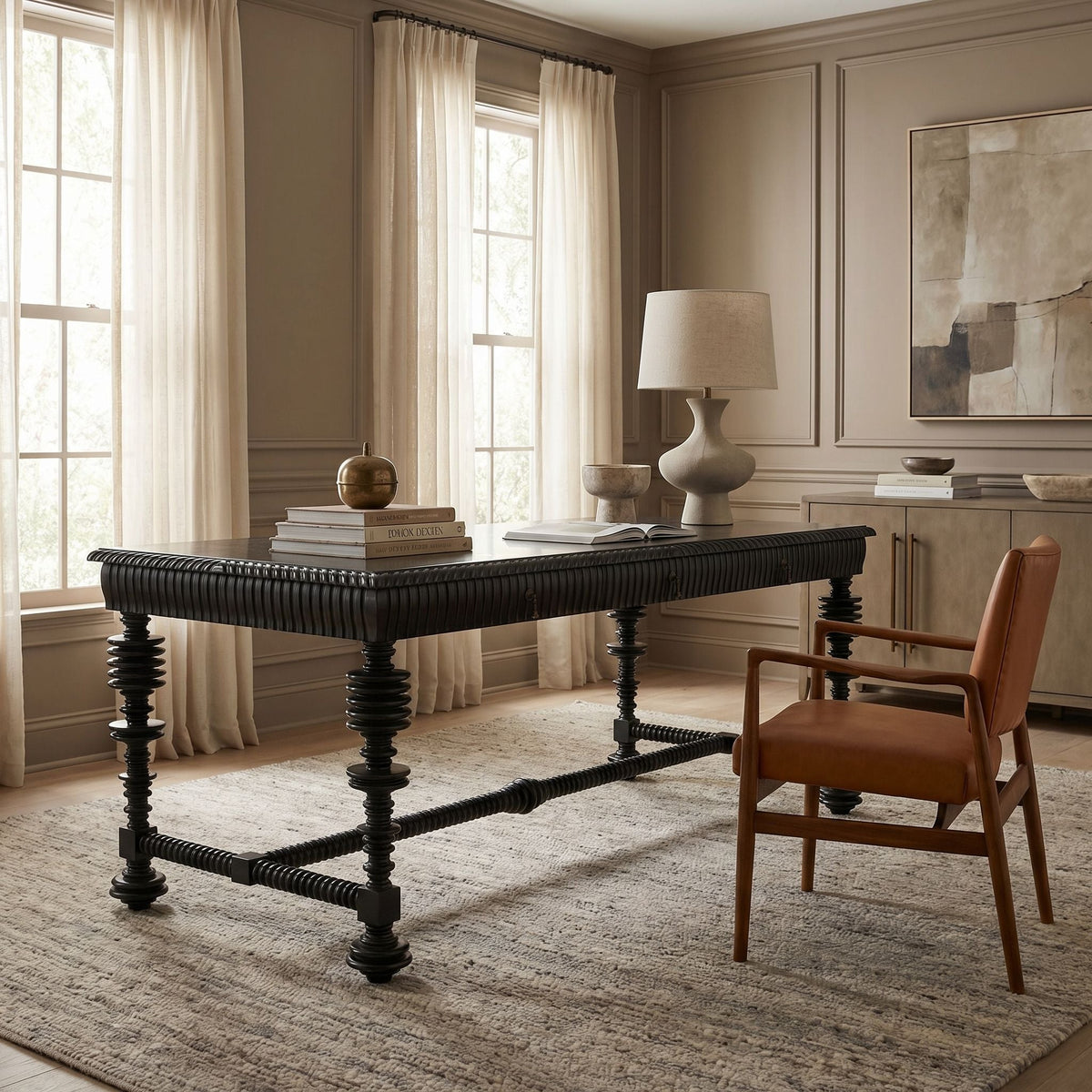 Noir Portuguese Desk Hand-Rubbed Black 72 inch styled in an interior setting