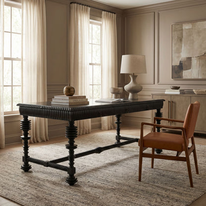 Noir Portuguese Desk Hand-Rubbed Black 72 inch styled in an interior setting