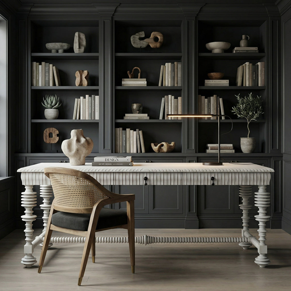 Noir Portuguese Desk Solid White 72 inch styled in an interior setting