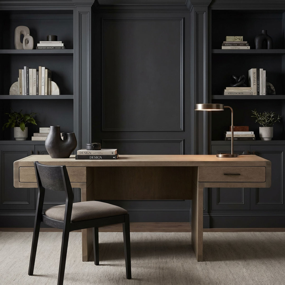 Noir Degas Desk Washed Walnut styled in an interior setting