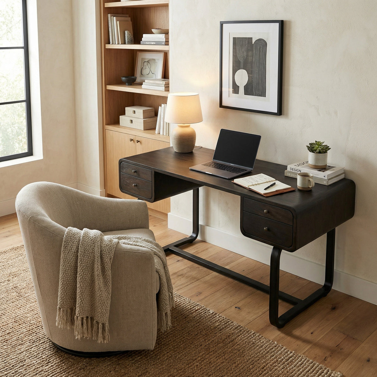 Noir Voltes Desk Ebony Walnut, Matte Black styled in an interior setting