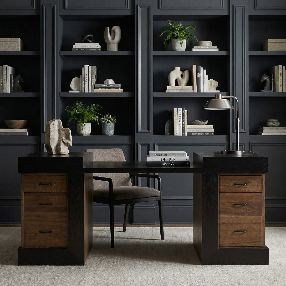 Noir Bentley Desk Dark Walnut, Ebony Walnut styled in an interior setting