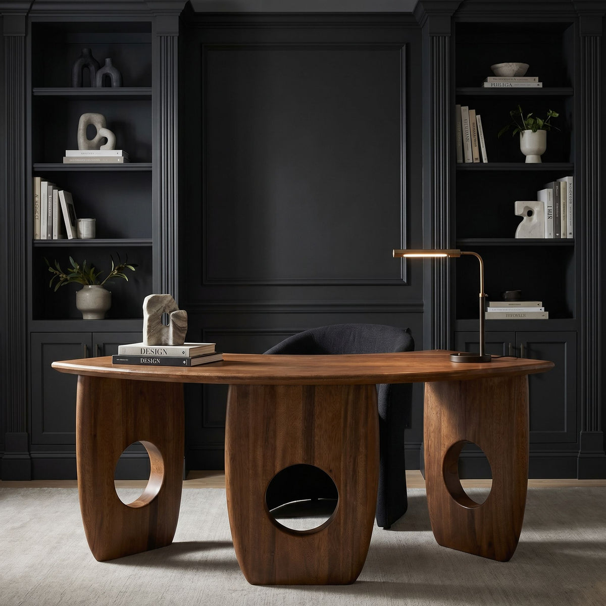 Noir Lobster Desk Dark Walnut styled in an interior setting
