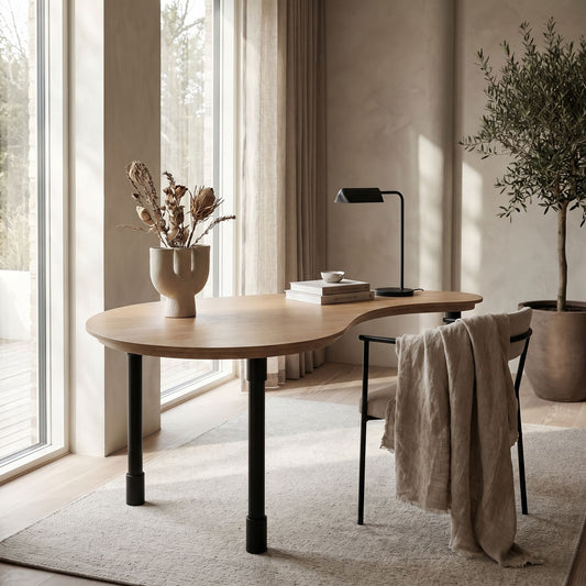 Noir Emory Desk Natural and Matte Black styled in an interior setting