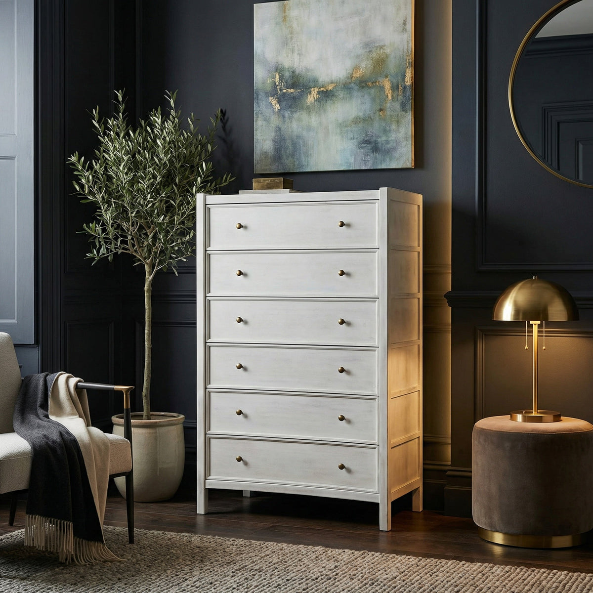 Noir Hampton Tall Boy White Wash shown in a styled room setting