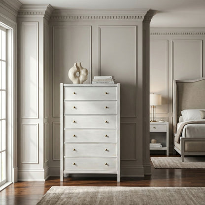 Noir Hampton Tall Boy White Wash styled in an interior setting