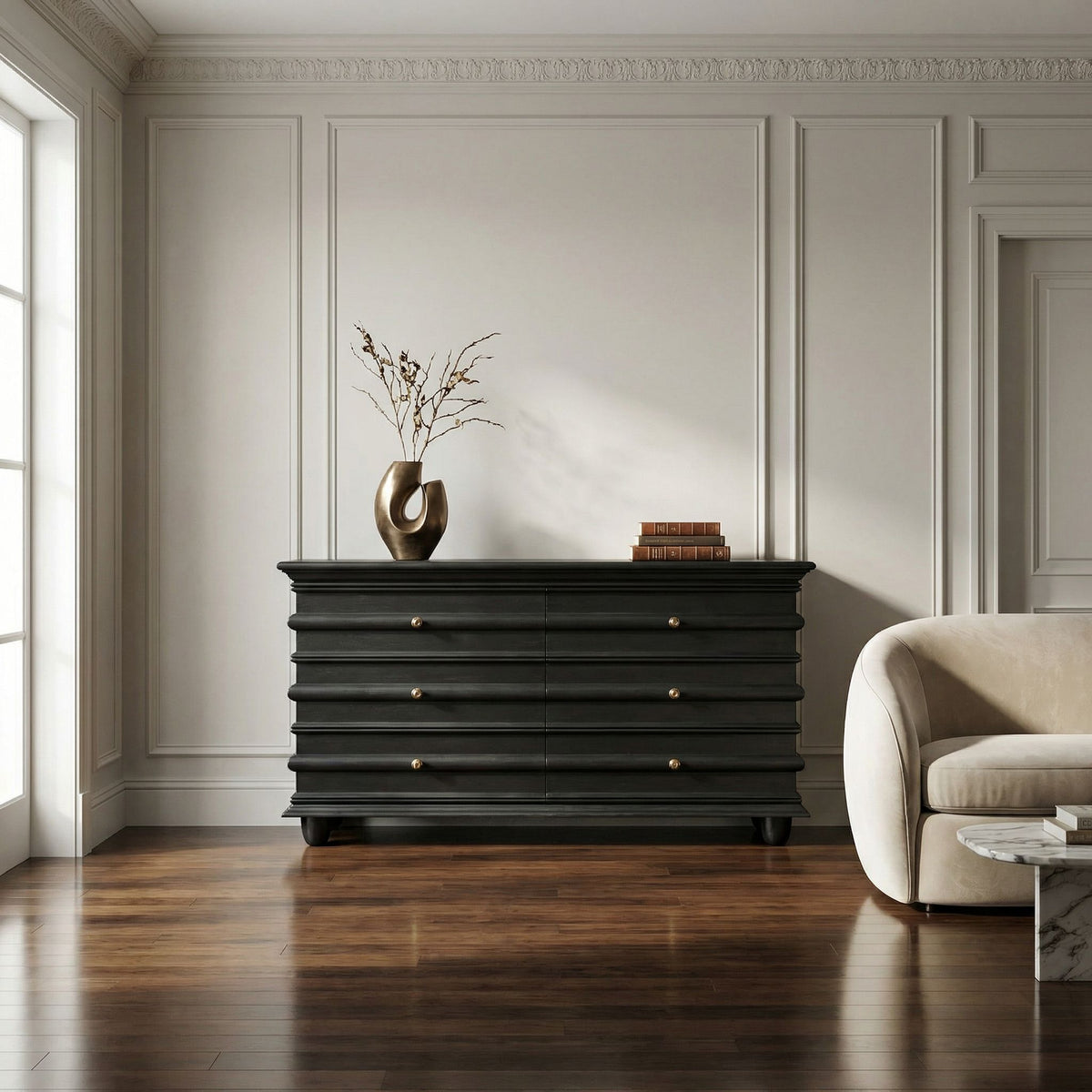 Noir Ascona Chest Hand-Rubbed Black styled in an interior setting