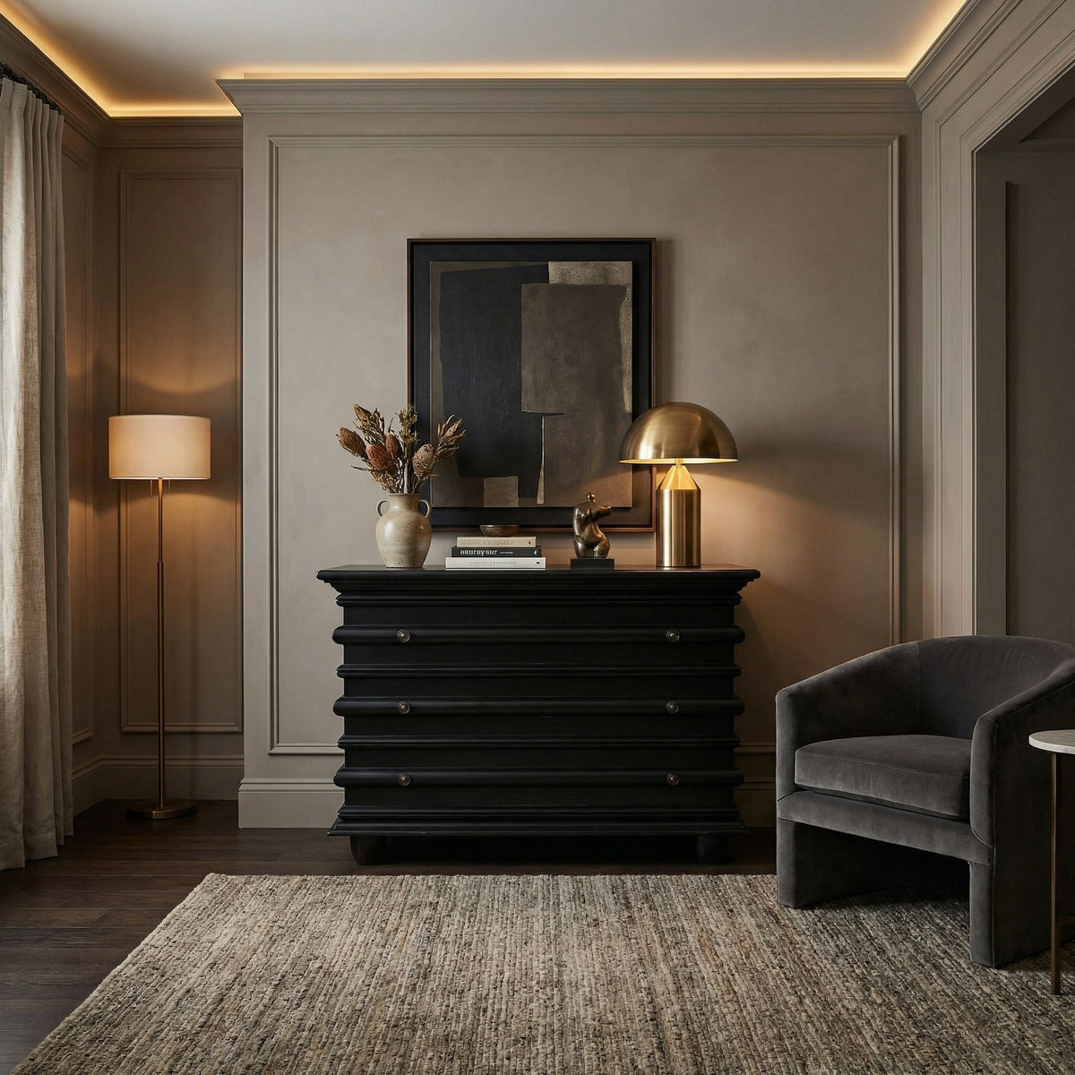 Noir Ascona Chest Hand-Rubbed Black shown in a styled room setting