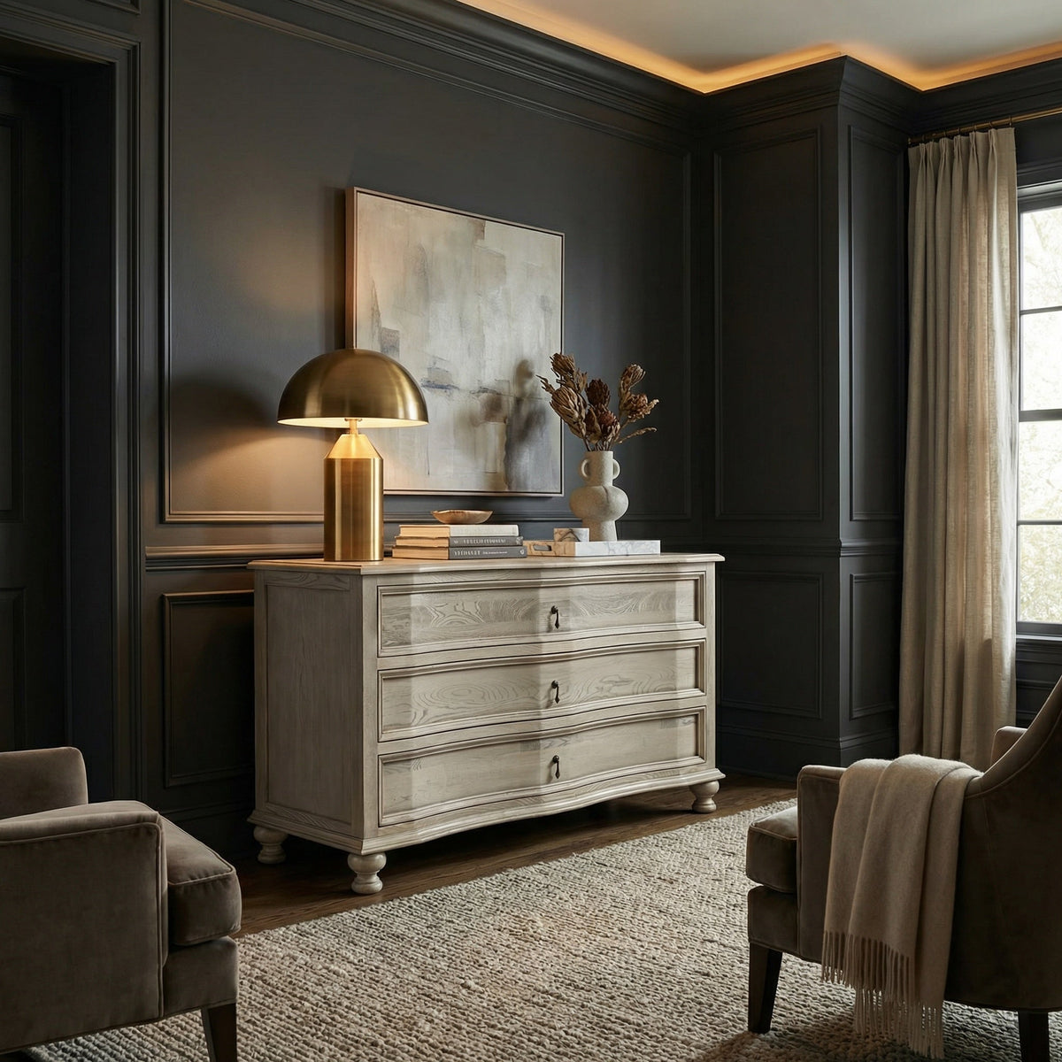 Noir Curved Front Chest Vintage Gray shown in a styled room setting