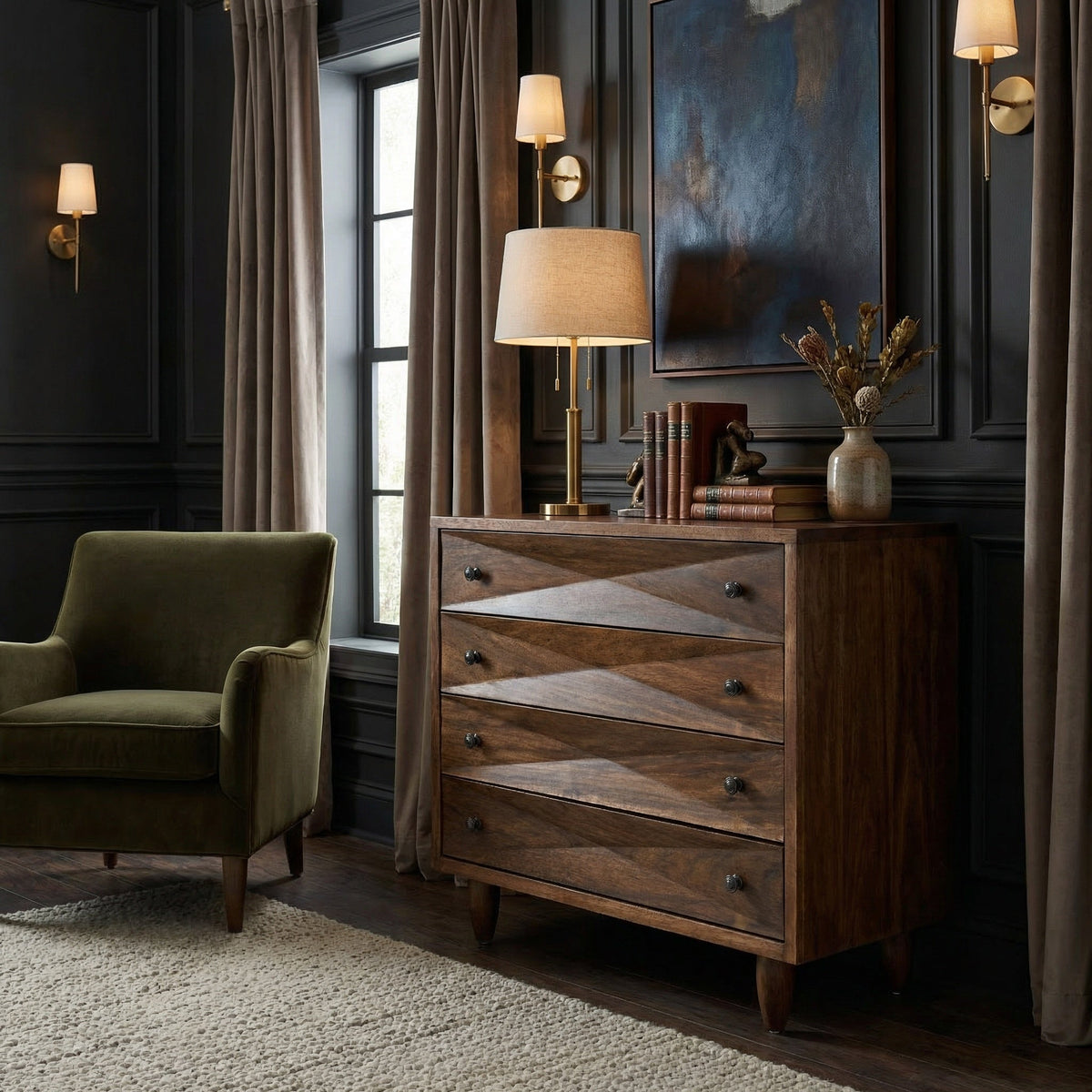 Noir Diamond Chest Dark Walnut shown in a styled room setting