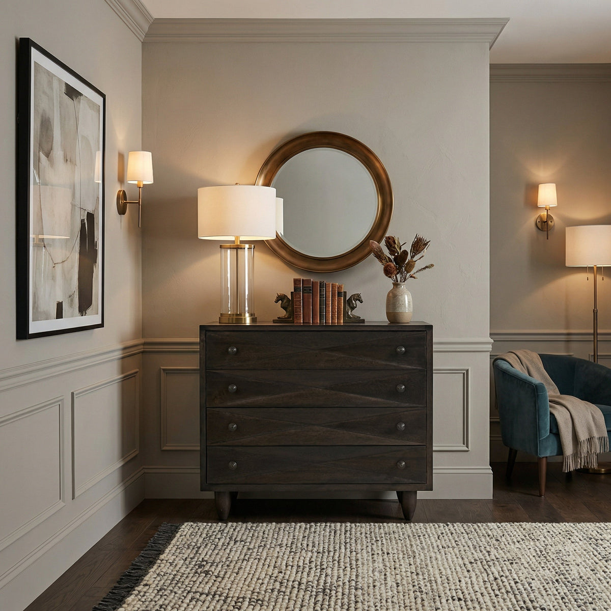 Noir Diamond Chest Ebony Walnut shown in a styled room setting