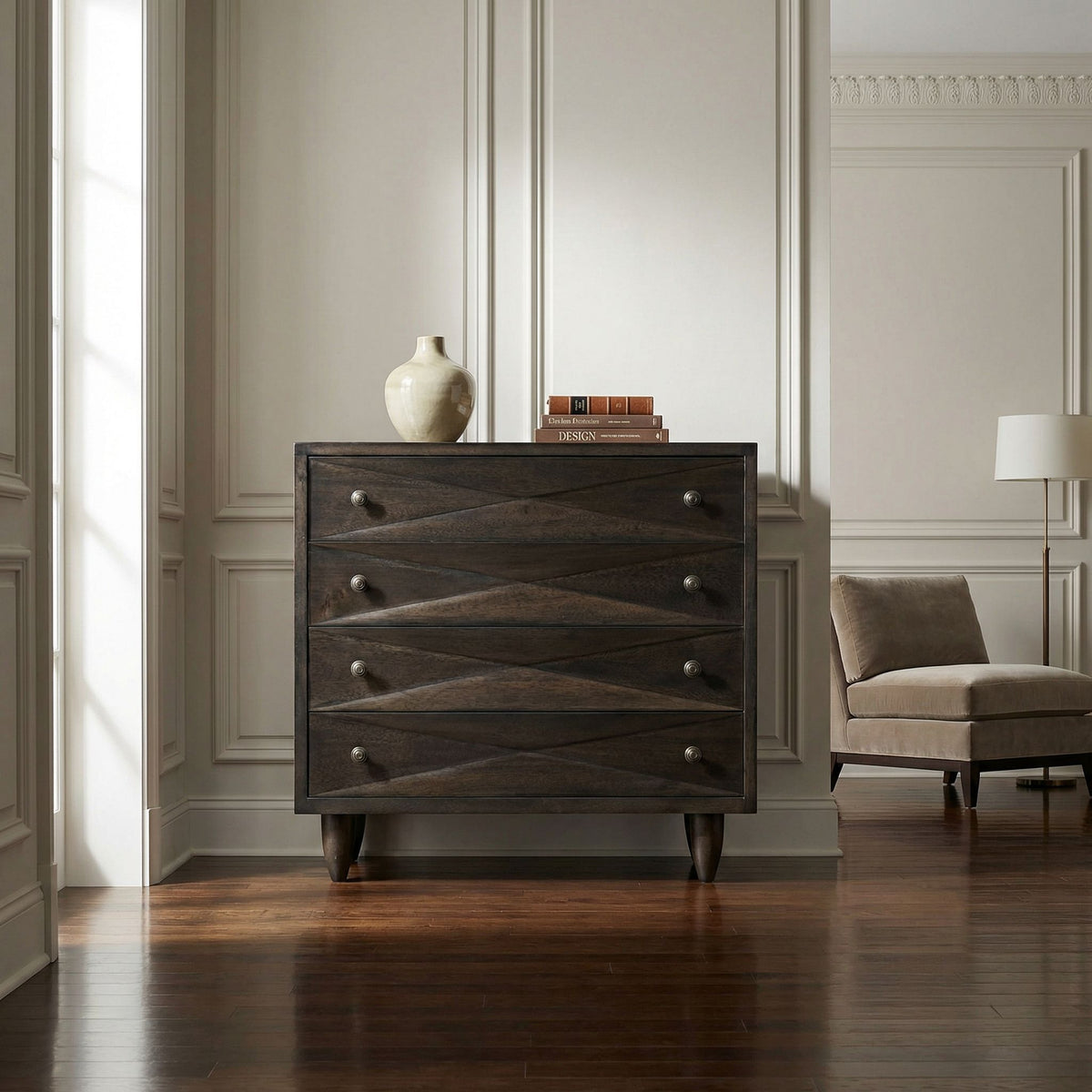 Noir Diamond Chest Ebony Walnut styled in an interior setting