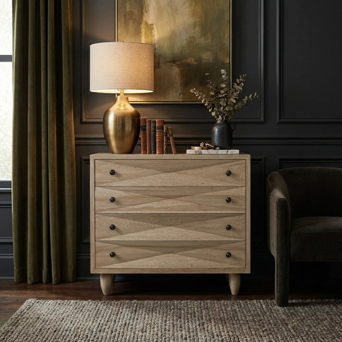 Noir Diamond Chest Washed Walnut shown in a styled room setting