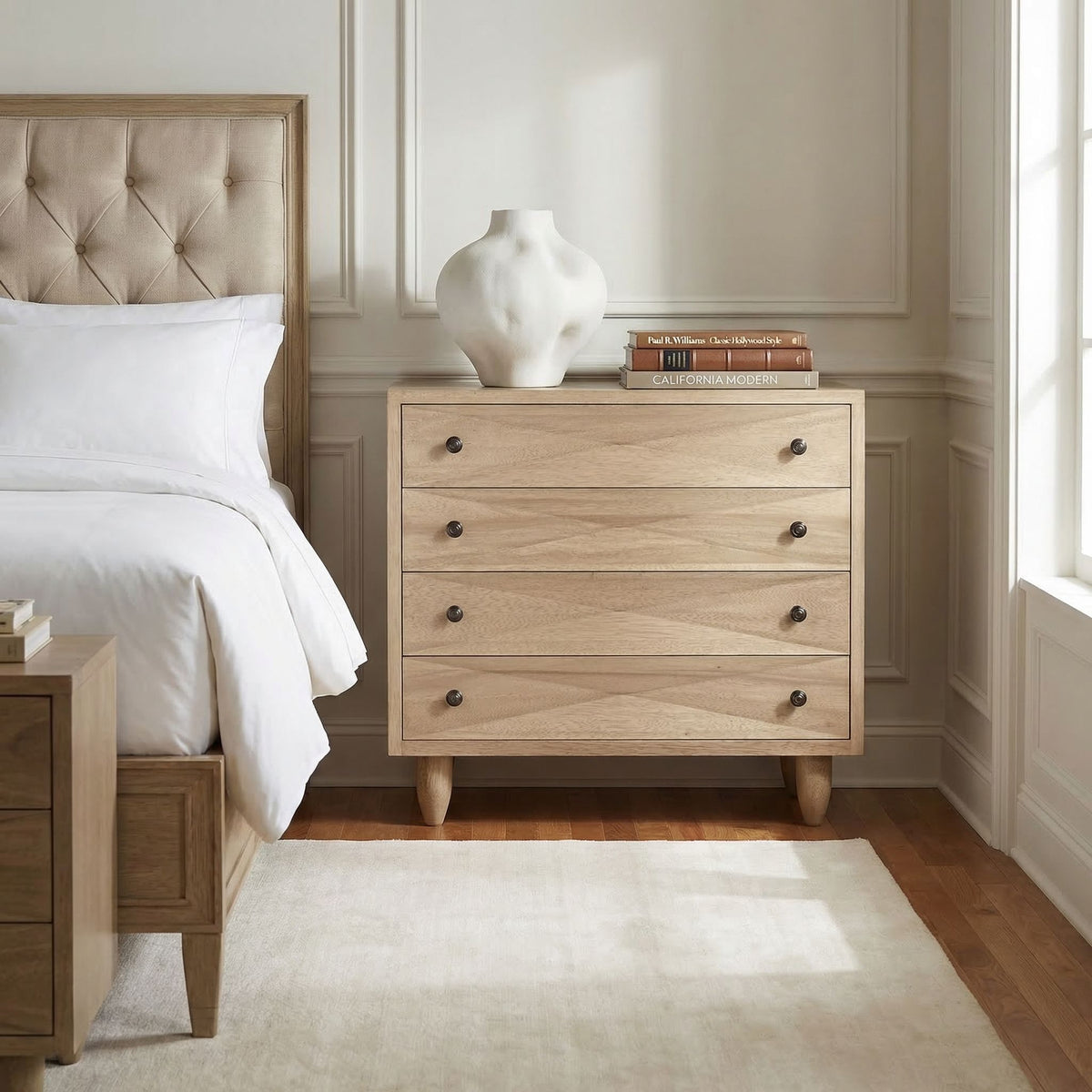 Noir Diamond Chest Washed Walnut styled in an interior setting