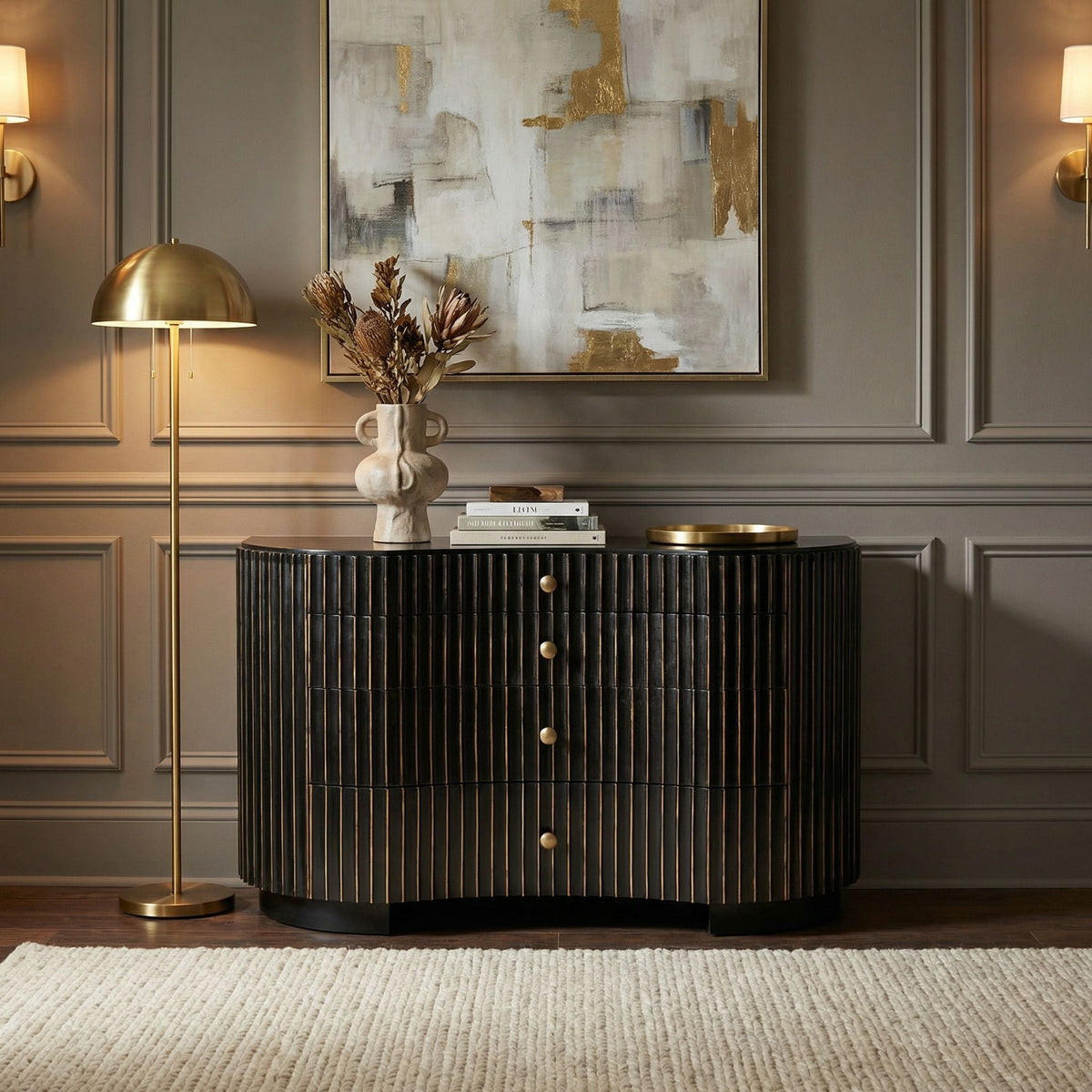 Noir Irene Dresser Hand Rubbed Black with Light Brown Trim styled in an interior setting
