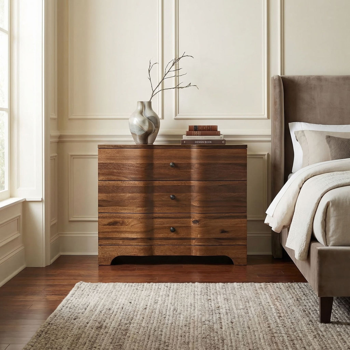 Noir Claudie Chest Dark Walnut styled in an interior setting