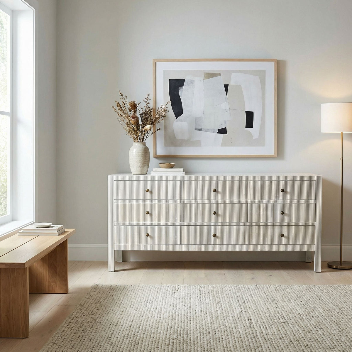 Noir Conrad Dresser White Wash styled in an interior setting