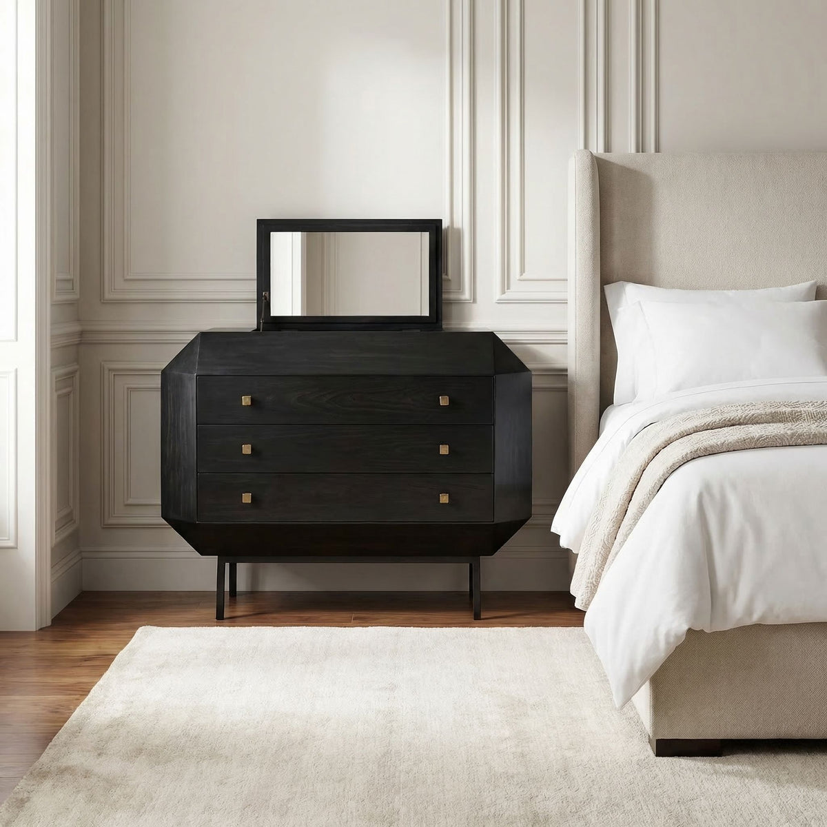 Noir Rhiana Dresser Hand-Rubbed Black styled in an interior setting