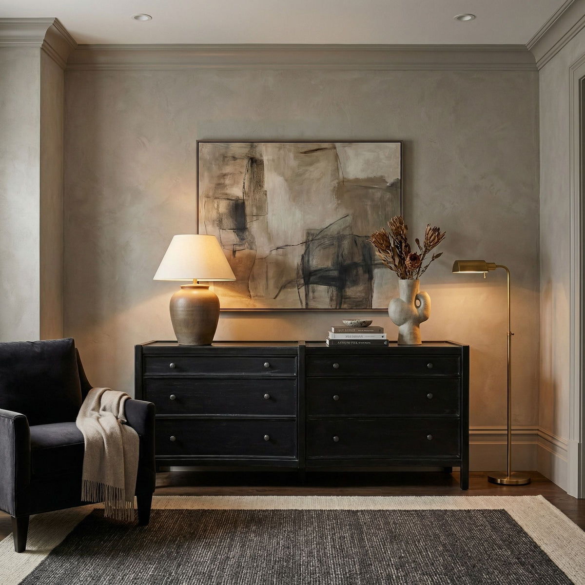Noir Hampton Dresser Hand-Rubbed Black styled in an interior setting