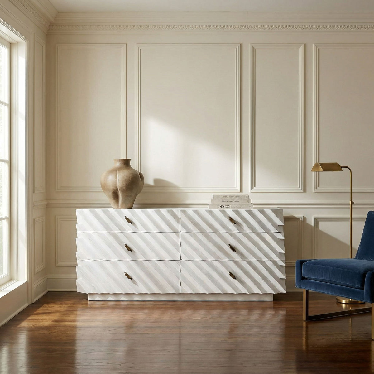 Noir Hikaru Dresser White Wash styled in an interior setting