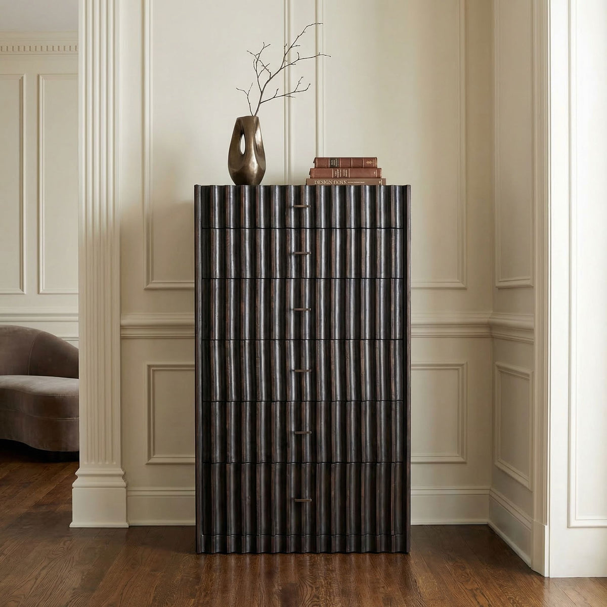 Noir Izzy Tallboy Pale with Light Brown Trim styled in an interior setting