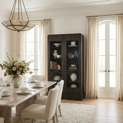 Noir Noho Hutch Hand Rubbed Black with Light Brown Trim styled in an interior setting