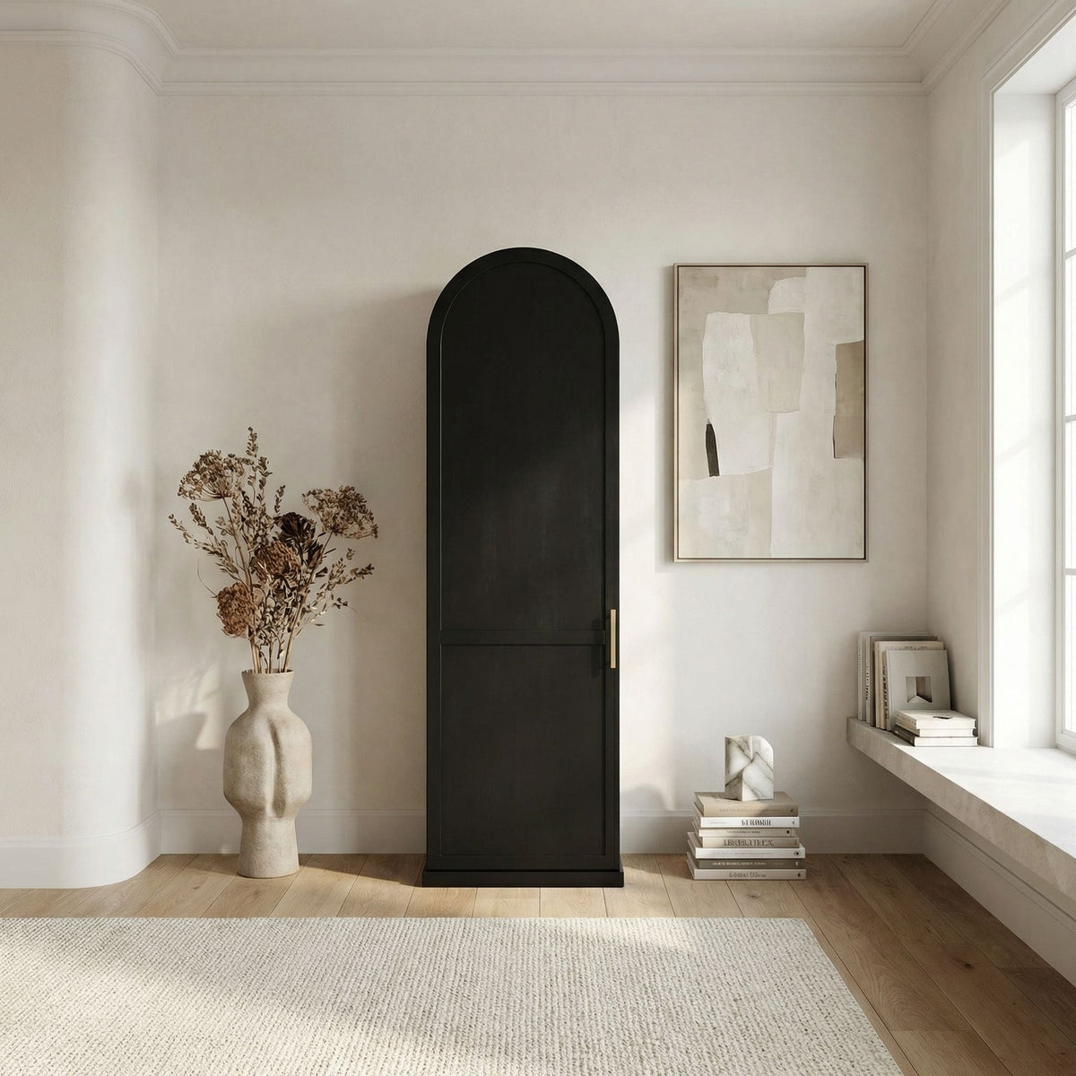 Noir New Tyrol Hutch Right Matte Black styled in an interior setting