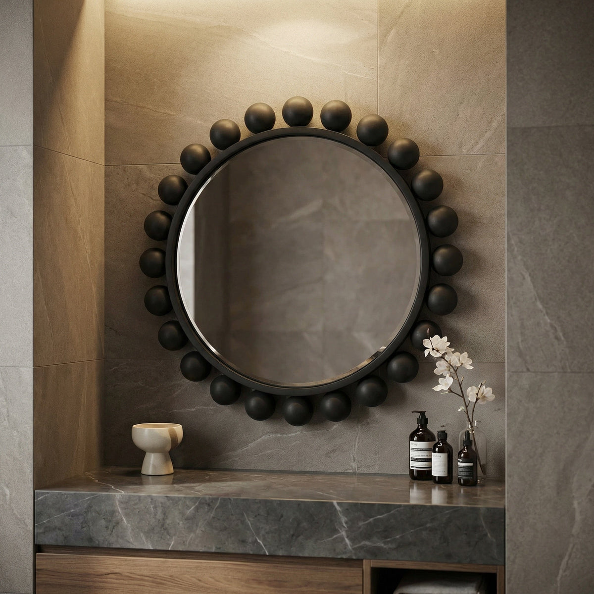 Noir Cooper Mirror Matte Black styled in an interior setting