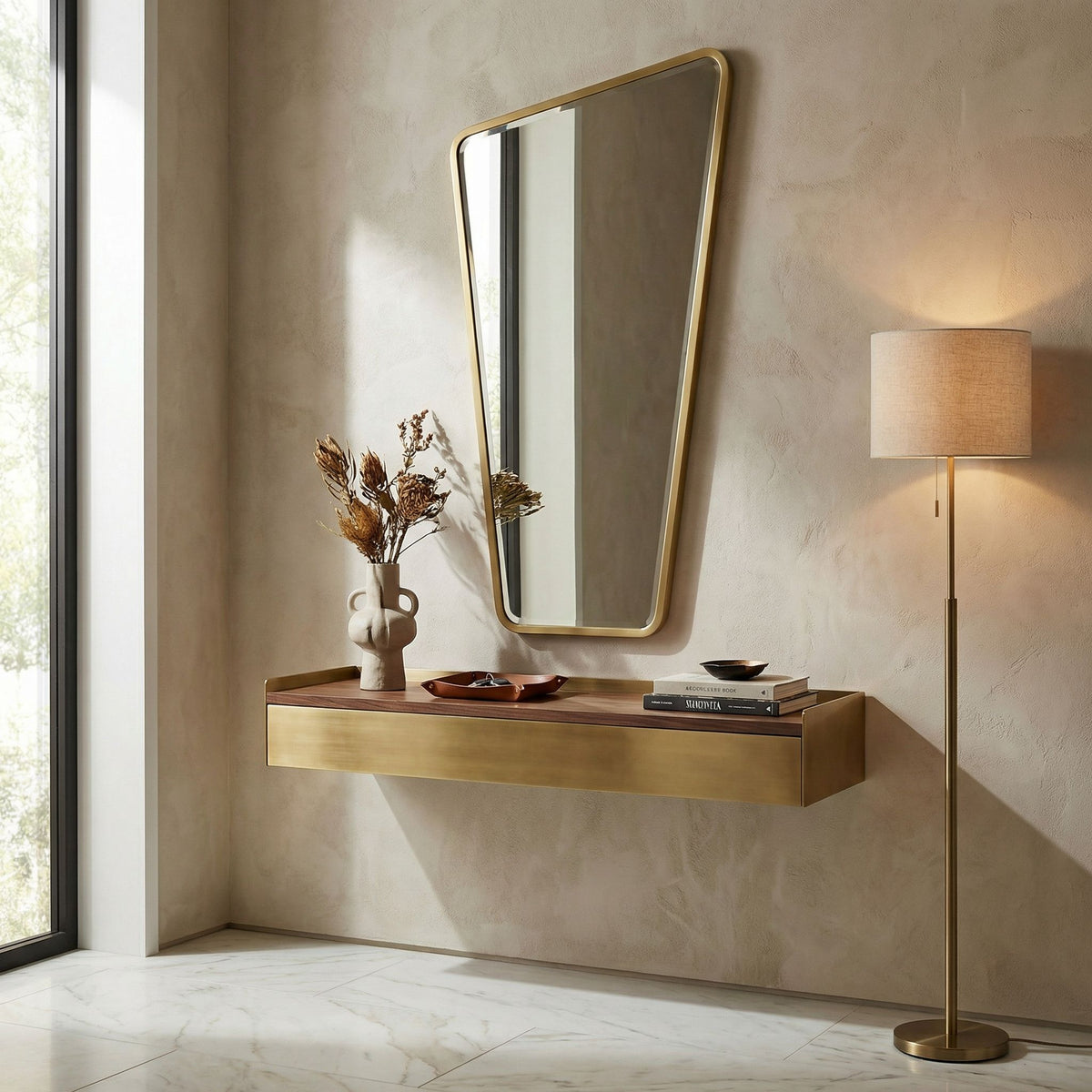 Noir Juliet Mirror Antique Brass styled in an interior setting