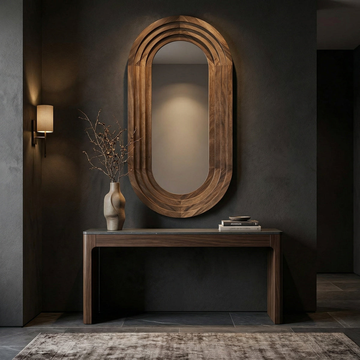 Noir New Fuss Mirror Dark Walnut styled in an interior setting