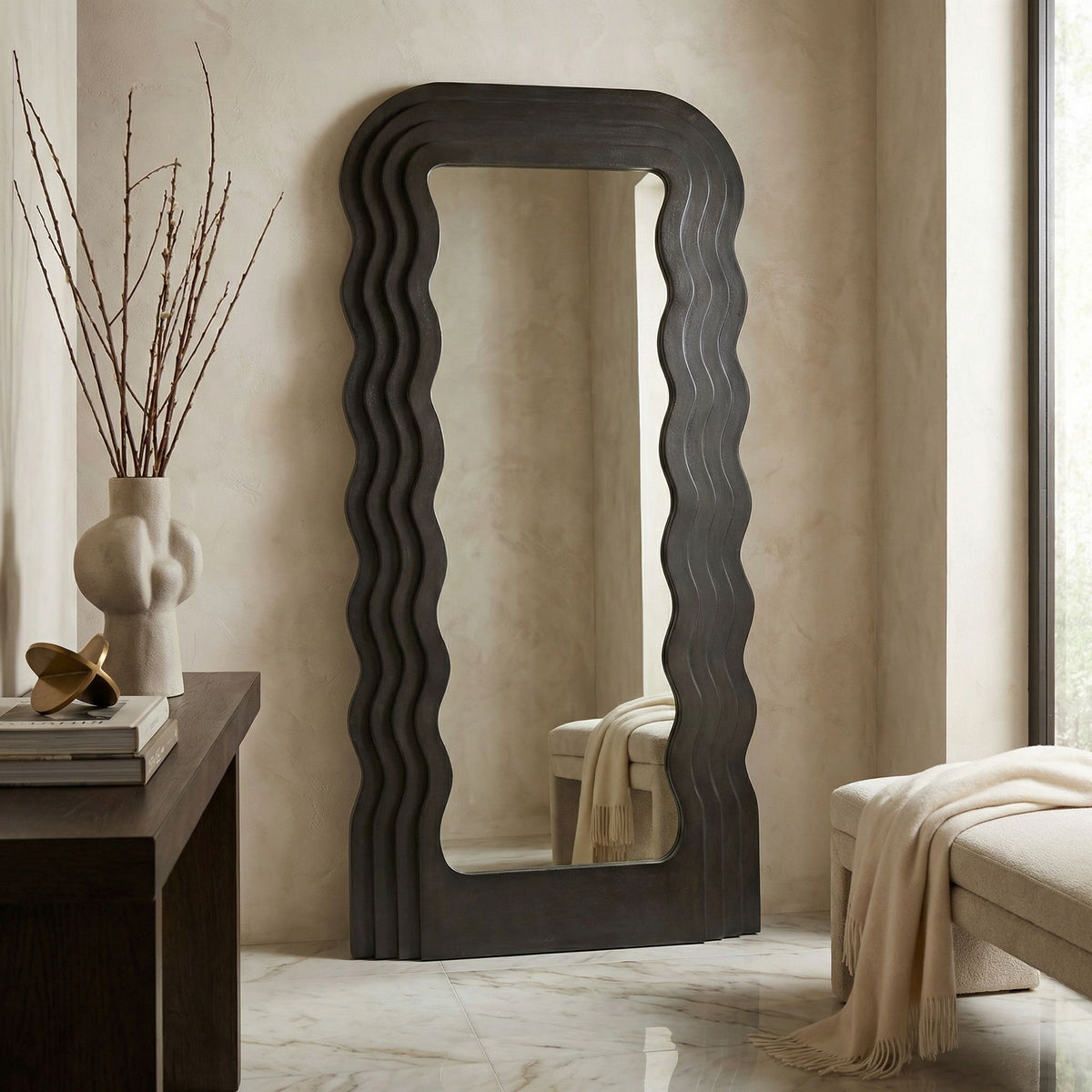 Noir Atticus Mirror Pale styled in an interior setting