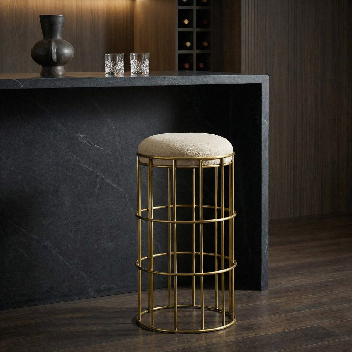 Noir Ryley Counter Stool Antique Brass, Tan styled in an interior setting