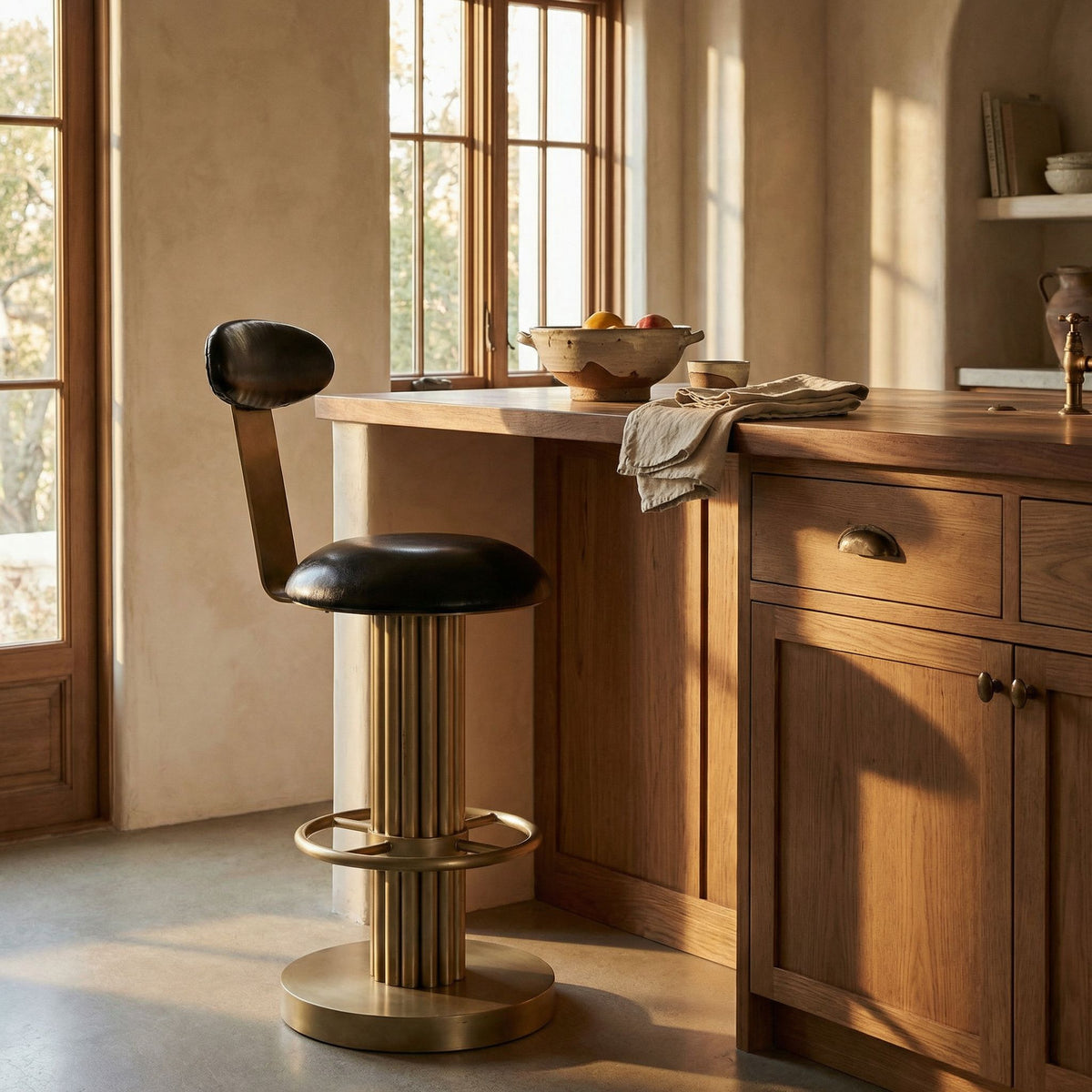 Noir Sedes Counter Stool Antique Brass, Black styled in an interior setting