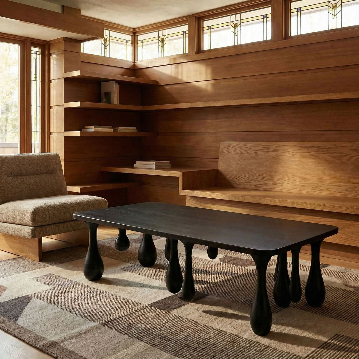 Noir Drop Coffee Table Hand Rubbed Black styled in an interior setting