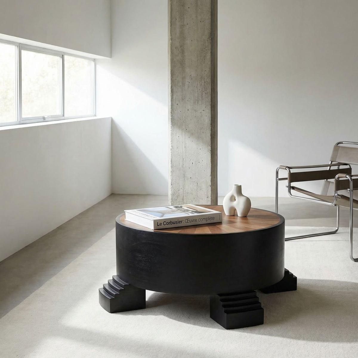 Noir Tambour Coffee Table Hand Rubbed Black styled in an interior setting