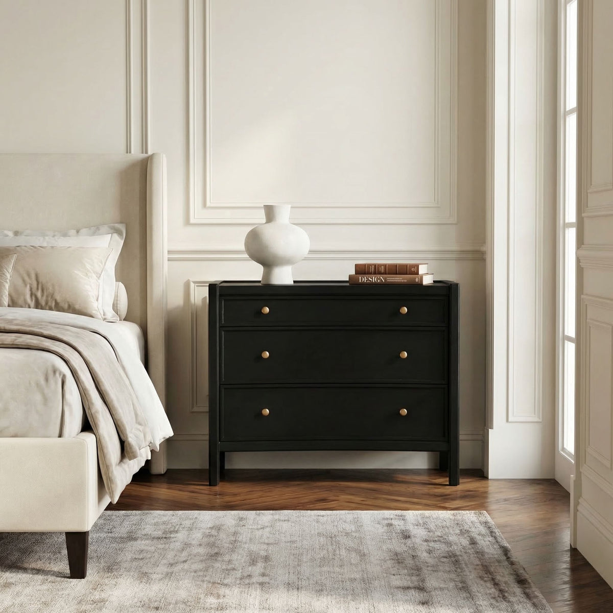 Noir Hampton Side Table Hand-Rubbed Black styled in an interior setting