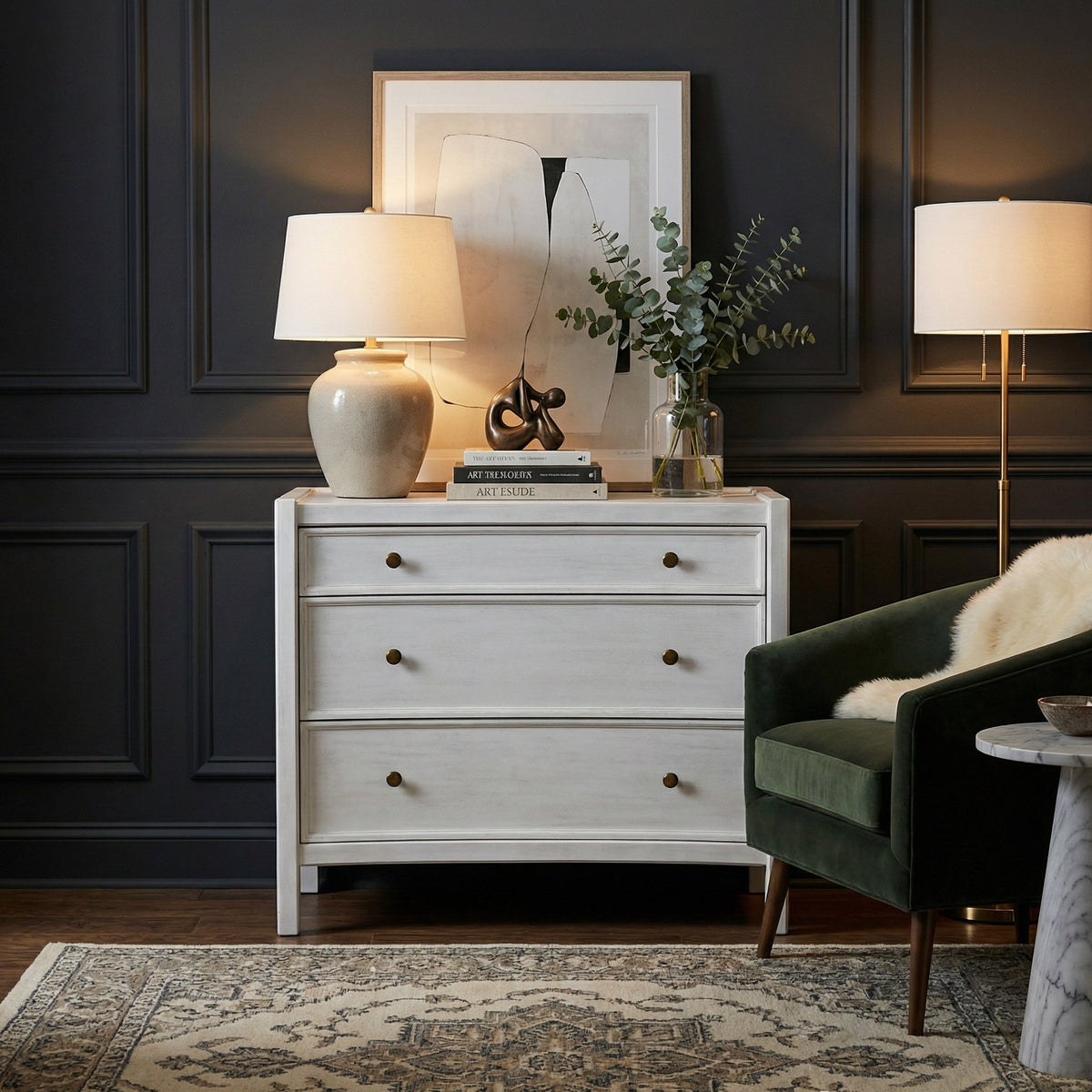 Noir Hampton Side Table White Wash shown in a styled room setting