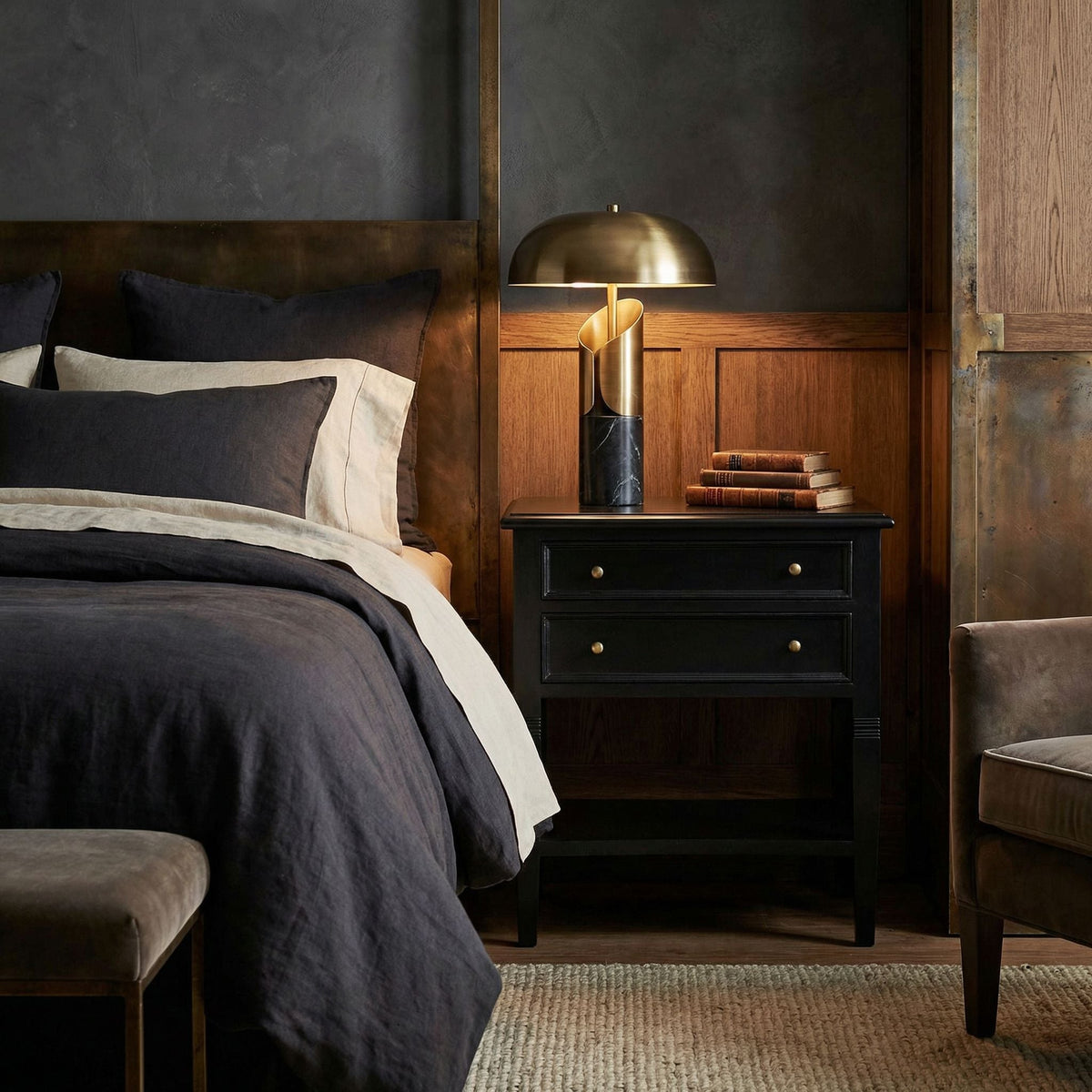 Noir Oxford Side Table 2-Drawer Hand-Rubbed Black styled in an interior setting