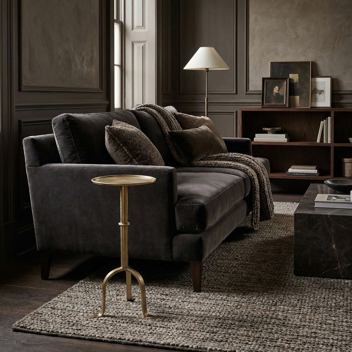 Noir Tini Side Table Antique Brass styled in an interior setting